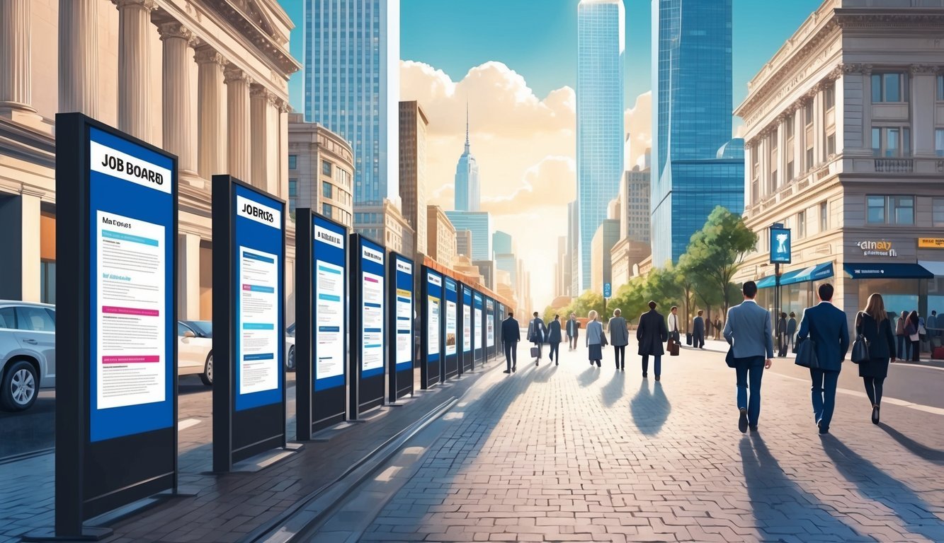 A bustling city street with skyscrapers in the background, featuring a row of job boards with various postings and people walking by