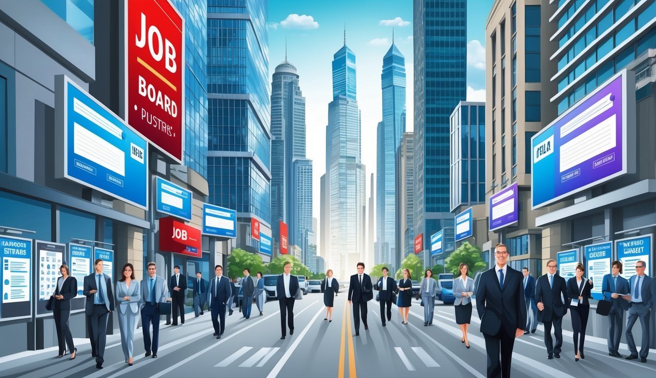 A bustling city street with skyscrapers and digital billboards, surrounded by job board posters and people in business attire