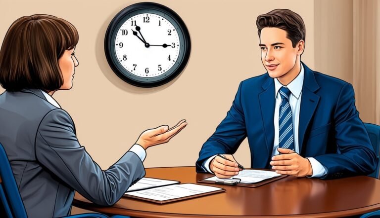 Business meeting with two people at a table, clock on the wall