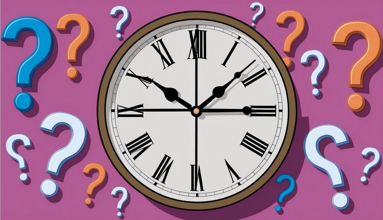 A clock face with a mix of long and short hands, surrounded by question marks