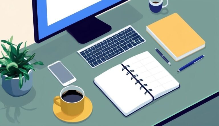 Desk with computer, notebook, coffee, pens, and a plant