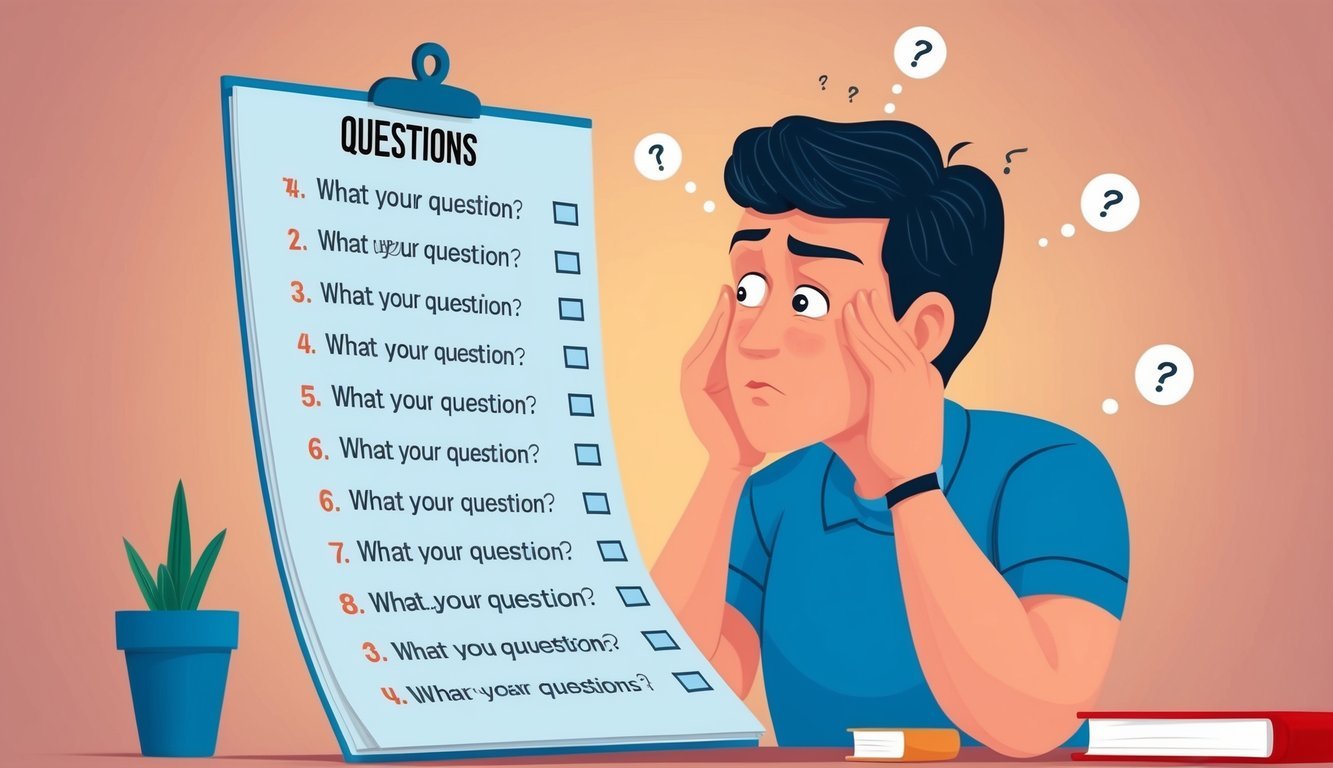 A person pondering with a puzzled expression while looking at a list of questions