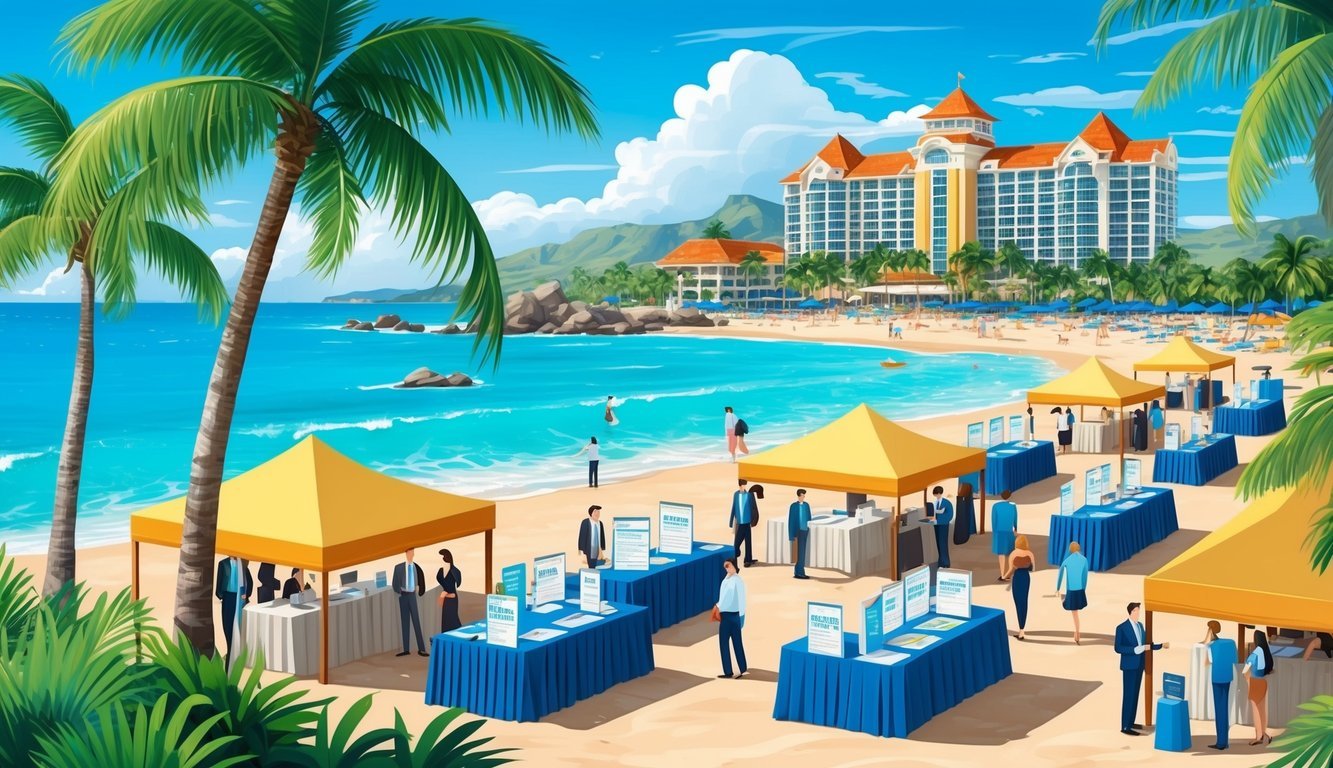 A vibrant beachfront with palm trees, crystal-clear water, and a bustling resort, surrounded by job fair booths and career development resources