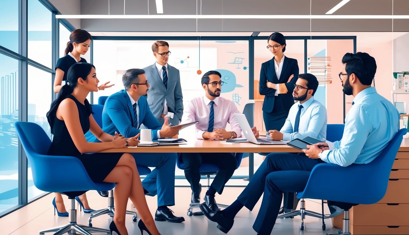 A group of professionals discussing and brainstorming in a modern office setting