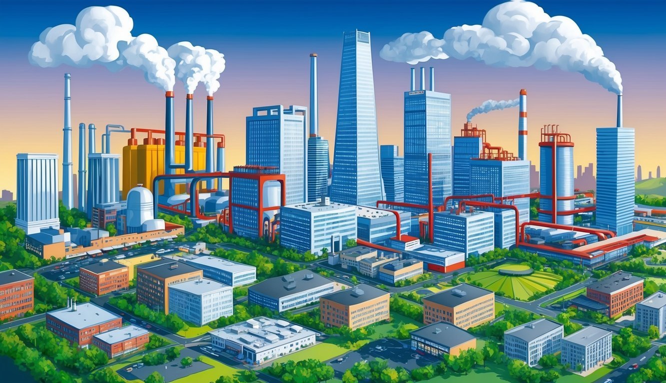 A bustling cityscape with skyscrapers, factories, and office buildings, each representing different job industries