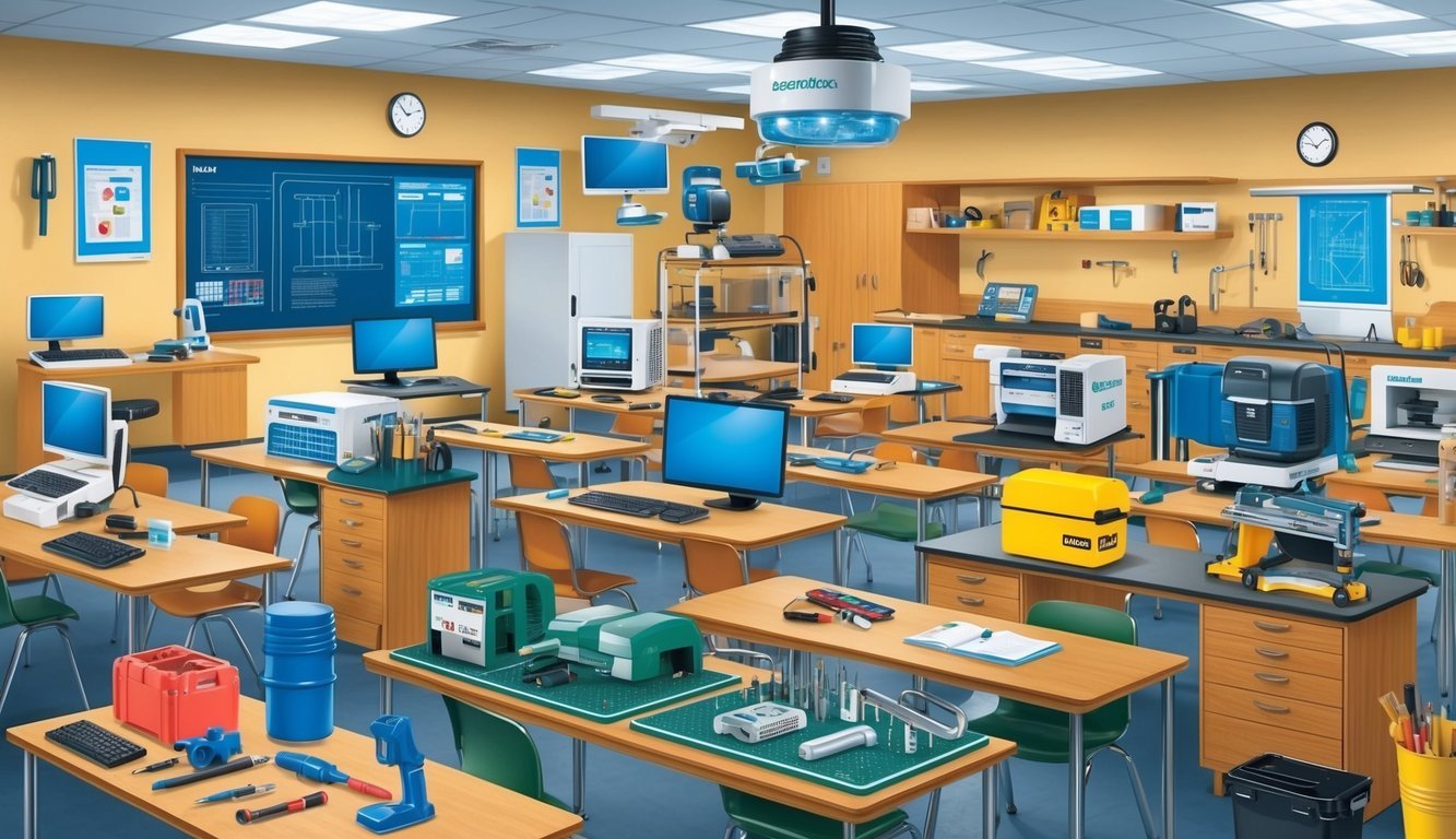 A classroom with various tools and equipment specific to different industries, such as computers, medical devices, and construction materials