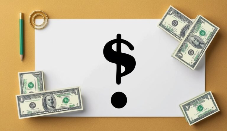 Dollar sign on paper with bills, pencil, and paper clip