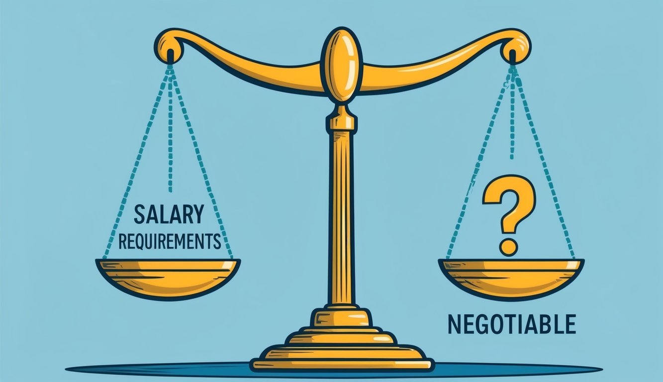 A scale with one side labeled "salary requirements" and the other side labeled "negotiable," with a question mark in the middle