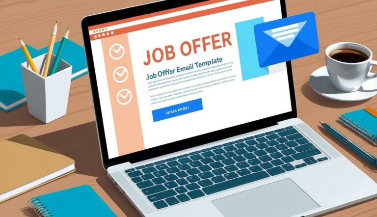 Laptop displaying a job offer email template, with coffee, pen, and notebooks
