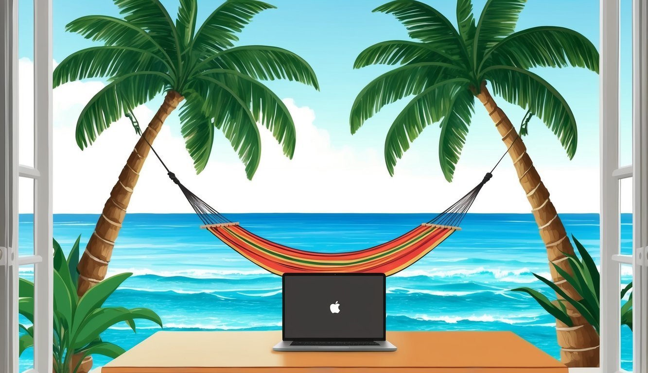 Laptop on a desk with a beach view, palm trees, and hammock