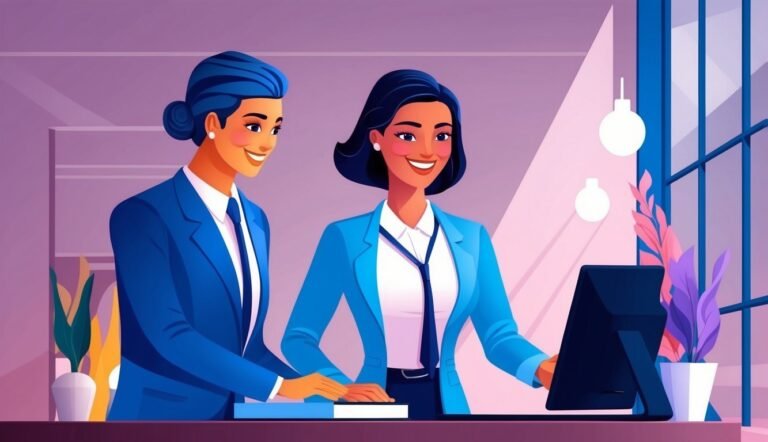 Two businesswomen smiling at a computer screen in an office setting