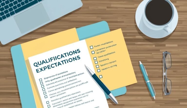 Qualifications Expectations" checklist on a desk with pen, glasses, coffee, and laptop