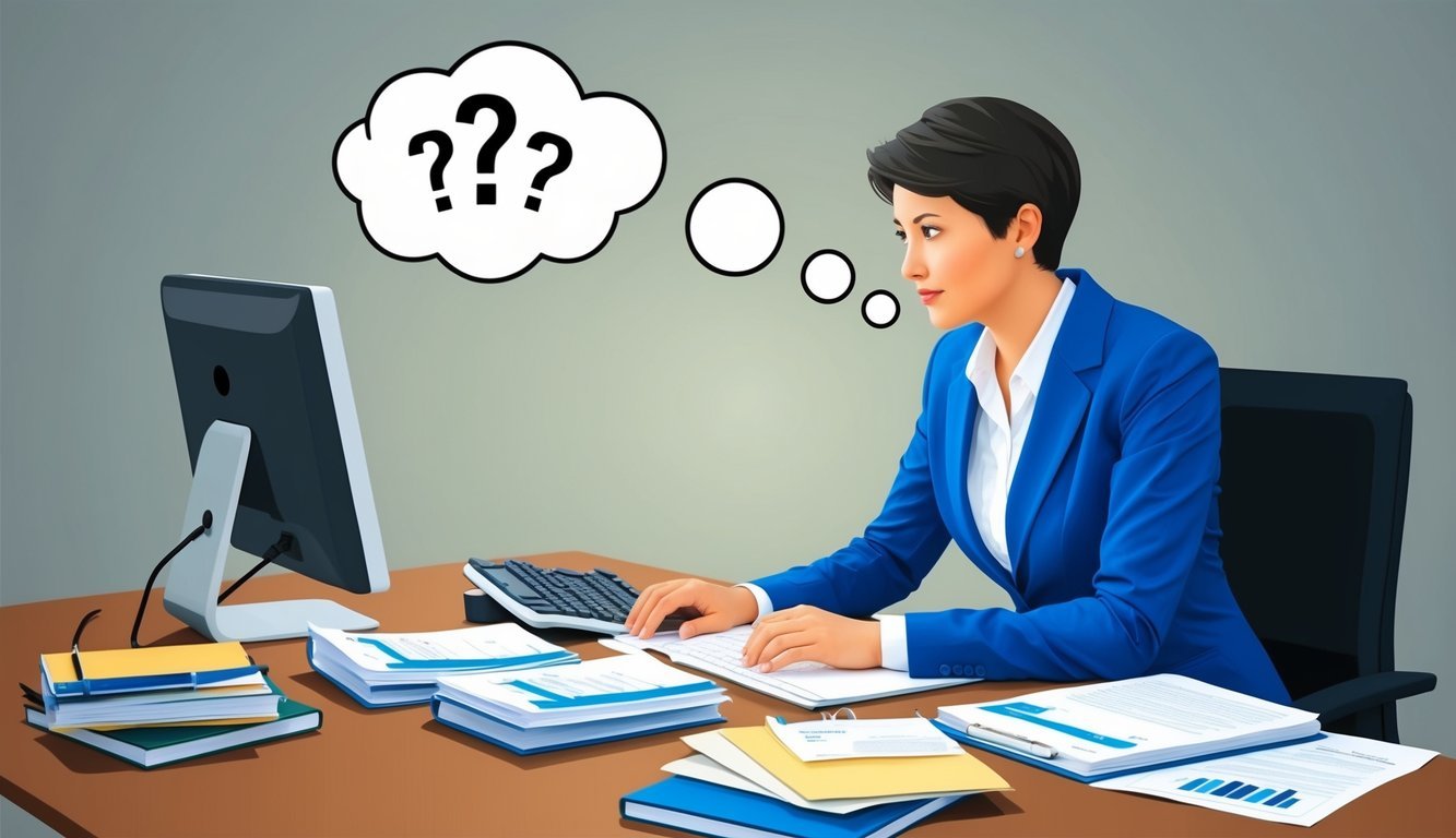 A person at a desk with a computer, surrounded by accounting books and papers.</p><p>A thought bubble with question marks hovers above their head