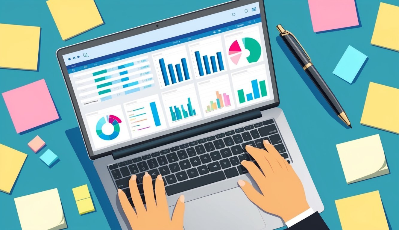 A laptop open to a spreadsheet with columns and rows, charts and graphs, surrounded by sticky notes and a pen