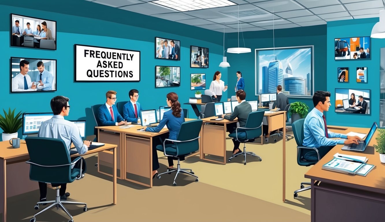 A bustling office with people at desks, a sign reading "Frequently Asked Questions," and a variety of job-related images on the walls