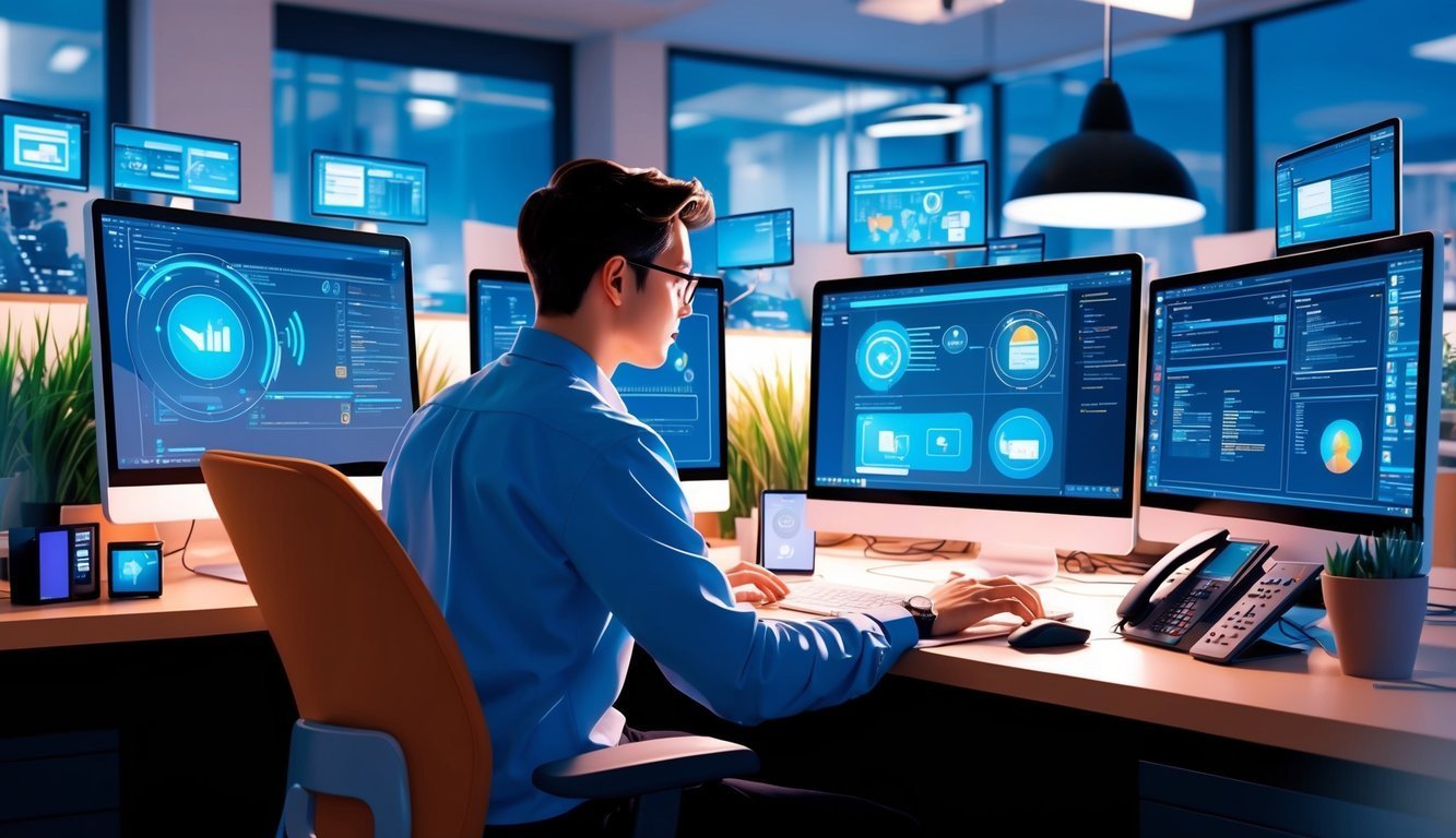 Man working at desk with multiple computer screens displaying data
