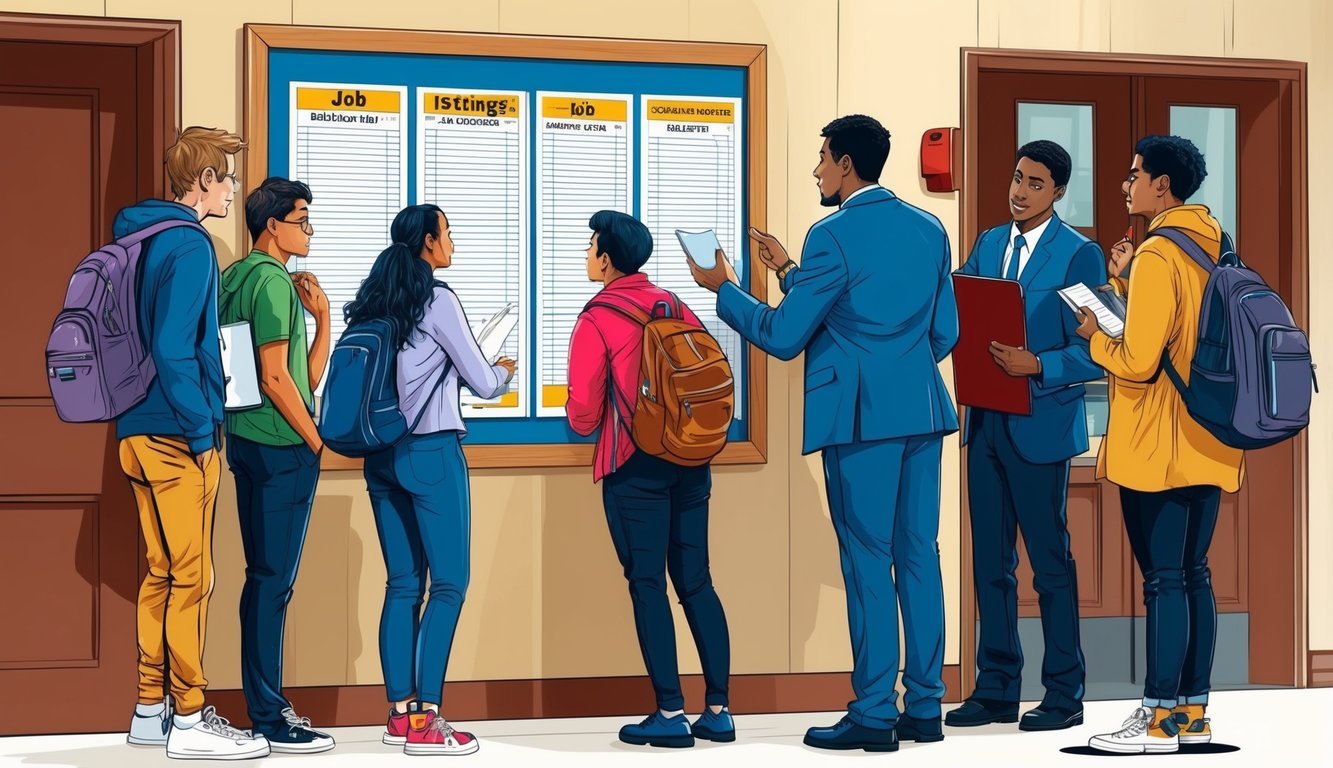 A diverse group of students browsing a bulletin board with job listings and asking questions to a helpful advisor