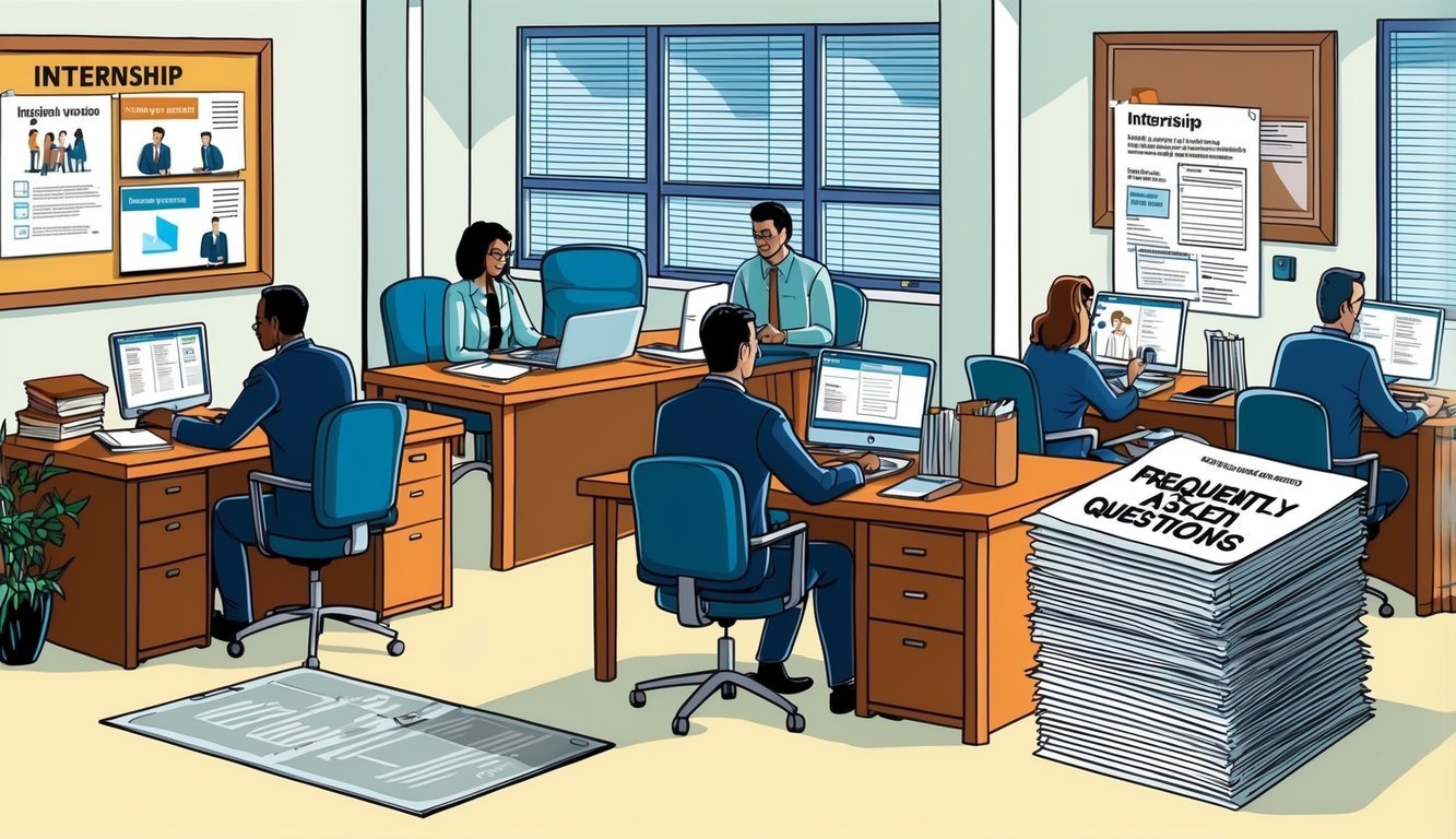 A busy office with people working at their desks, a bulletin board with internship information, and a stack of papers labeled "Frequently Asked Questions."