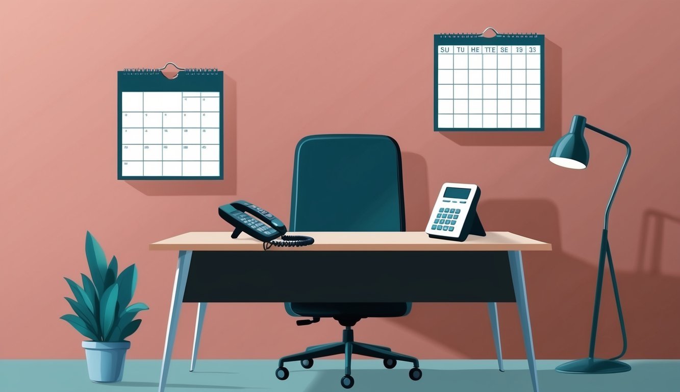 An empty office desk with a ringing phone and an untouched calendar