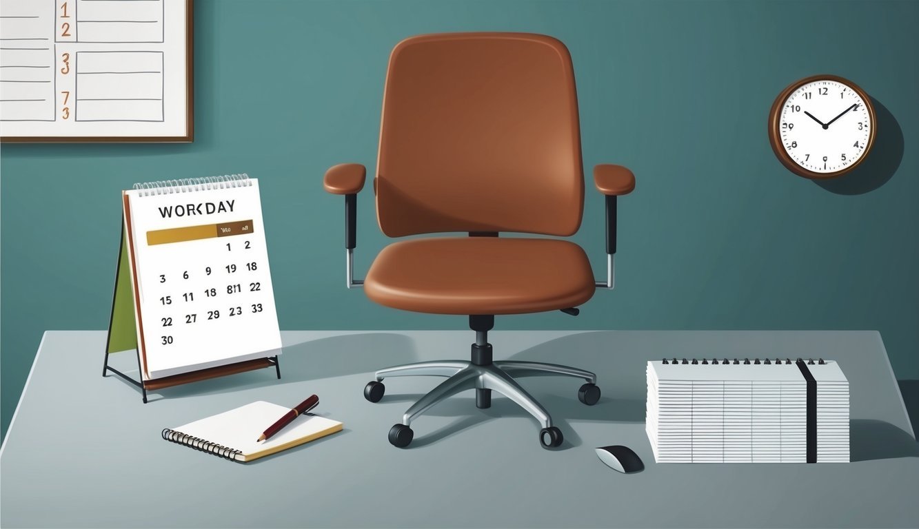 An empty desk with a chair pushed back, a calendar showing past dates, and a clock indicating the end of the workday