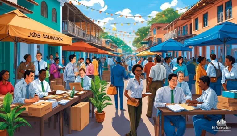 Busy street scene with people, tables, and Job Salvador umbrella