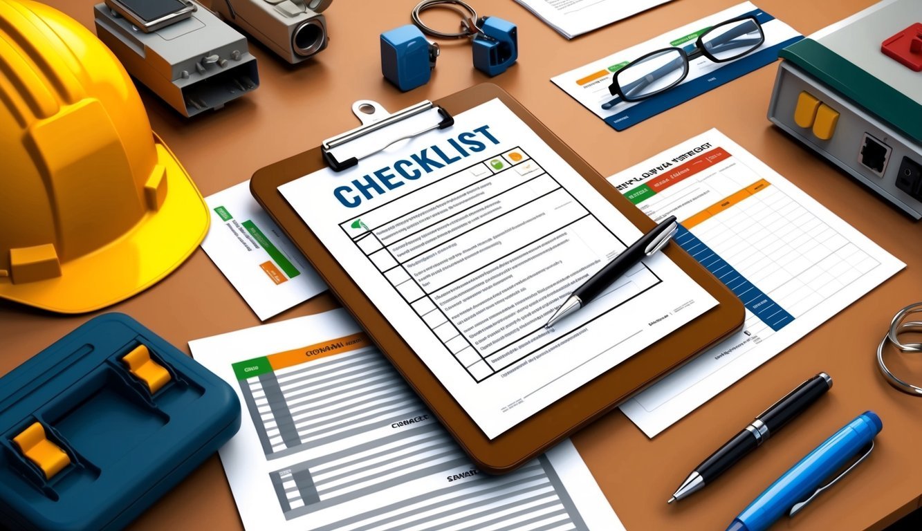 A clipboard with a checklist and a pen lying on a desk, surrounded by safety equipment and compliance documents