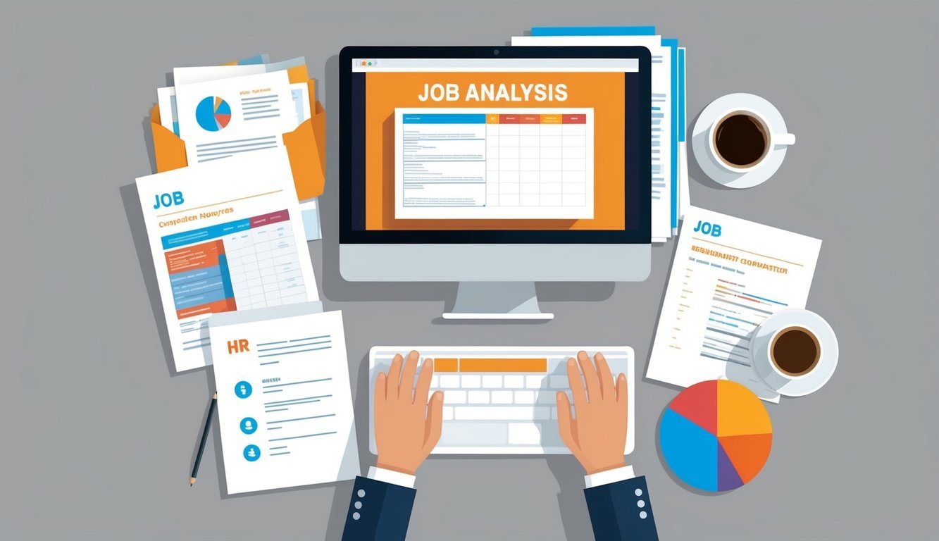 A desk with a computer displaying a job analysis template, surrounded by HR-related documents and a cup of coffee