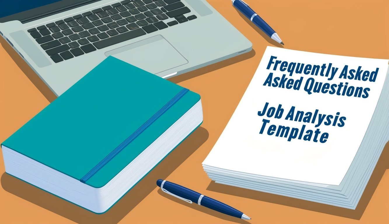 A desk with a laptop, notebook, and pen.</p><p>A stack of papers labeled "Frequently Asked Questions Job Analysis Template" beside it