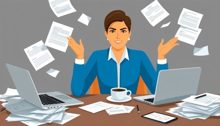 Woman at desk with laptops, papers flying, coffee cup, and tablet