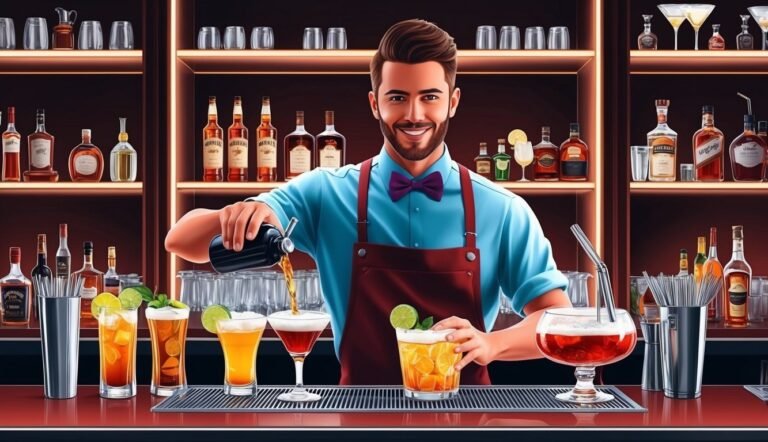 Smiling bartender pouring a drink, surrounded by bottles and cocktails
