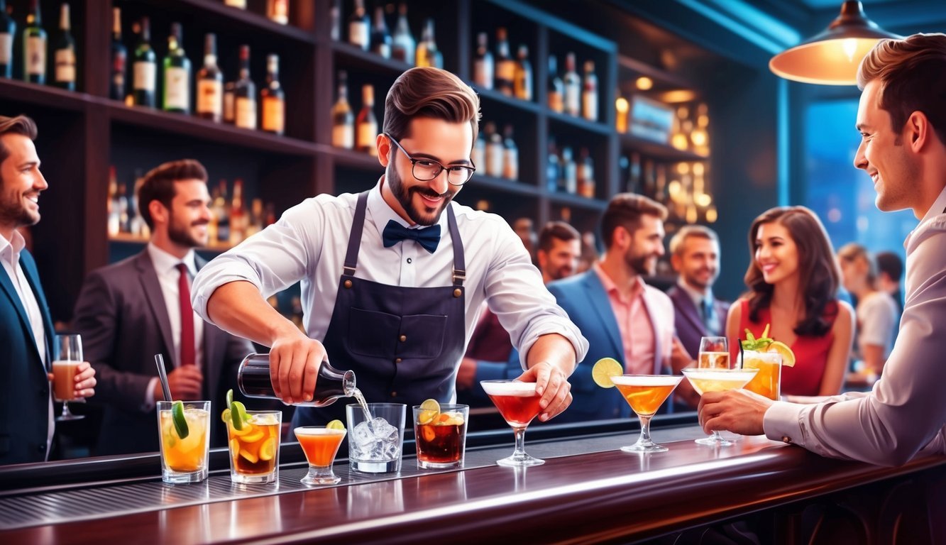 A bartender pouring drinks and interacting with customers in a lively and bustling bar setting