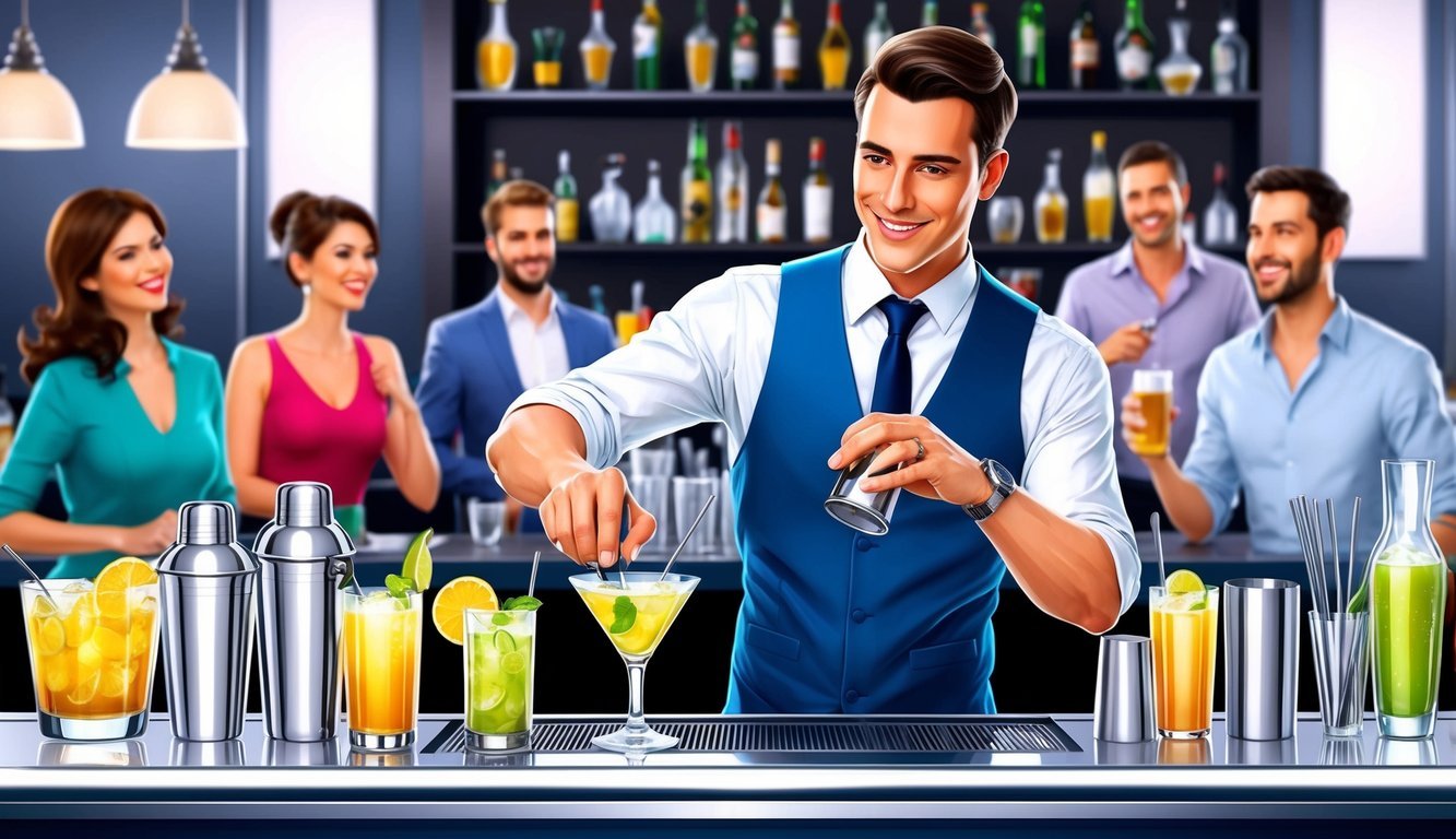 A bartender skillfully mixes drinks behind a sleek bar, surrounded by bottles, glasses, and cocktail shakers.</p><p>Patrons chat and laugh in the background