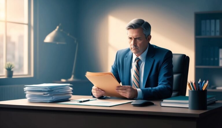 Man in suit reviews documents at his desk in an office
