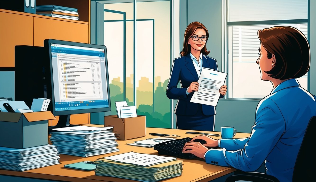 An office desk with a computer, a stack of papers, and a box of personal belongings.</p><p>A manager stands nearby, holding a script