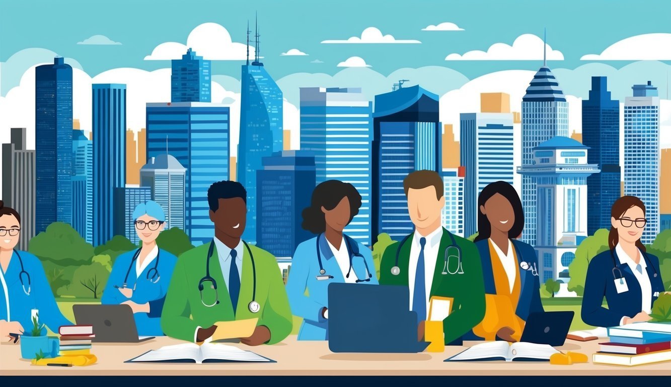 Group of diverse doctors in front of a cityscape, working together