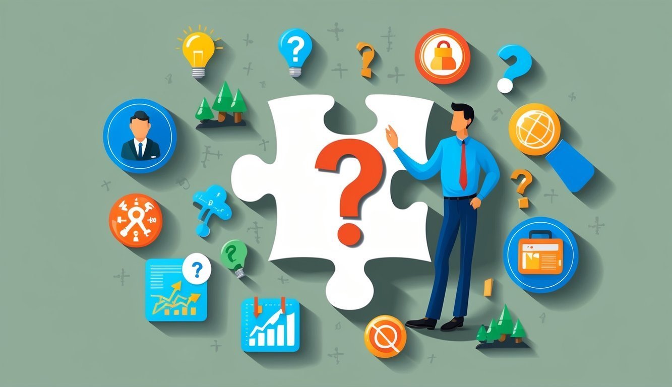 Man standing near a puzzle piece with a question mark and icons