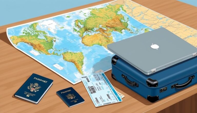 World map, passports, tickets, suitcase, and laptop on a wooden table