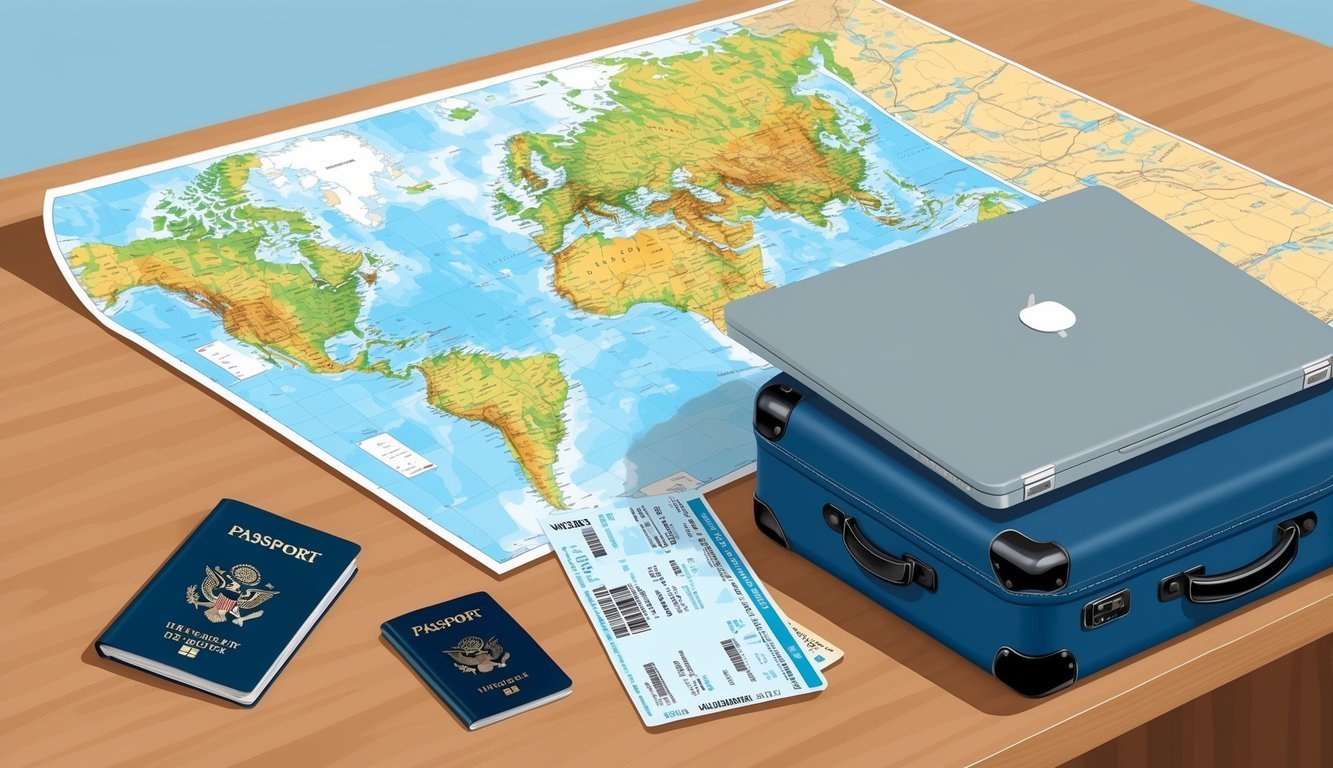 World map, passports, tickets, suitcase, and laptop on a wooden table
