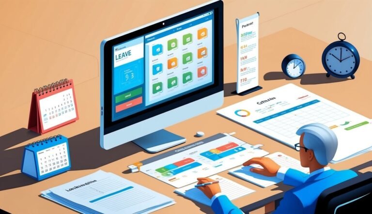 A person working at a desk with a computer, calendars, and documents