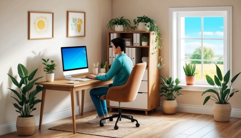 Person working at desk with computer, surrounded by plants, bright window