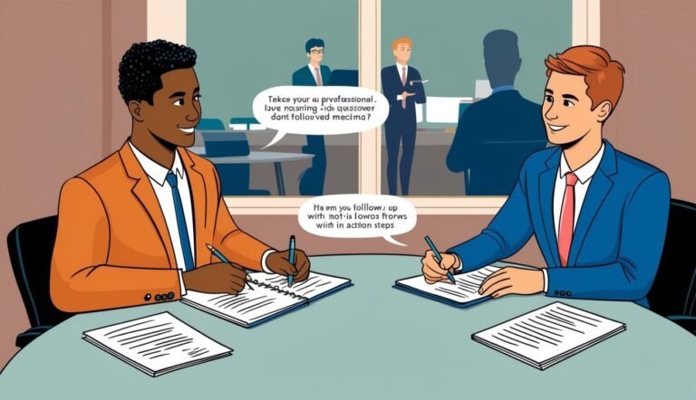 Two businessmen in suits writing at a table, speech bubbles above