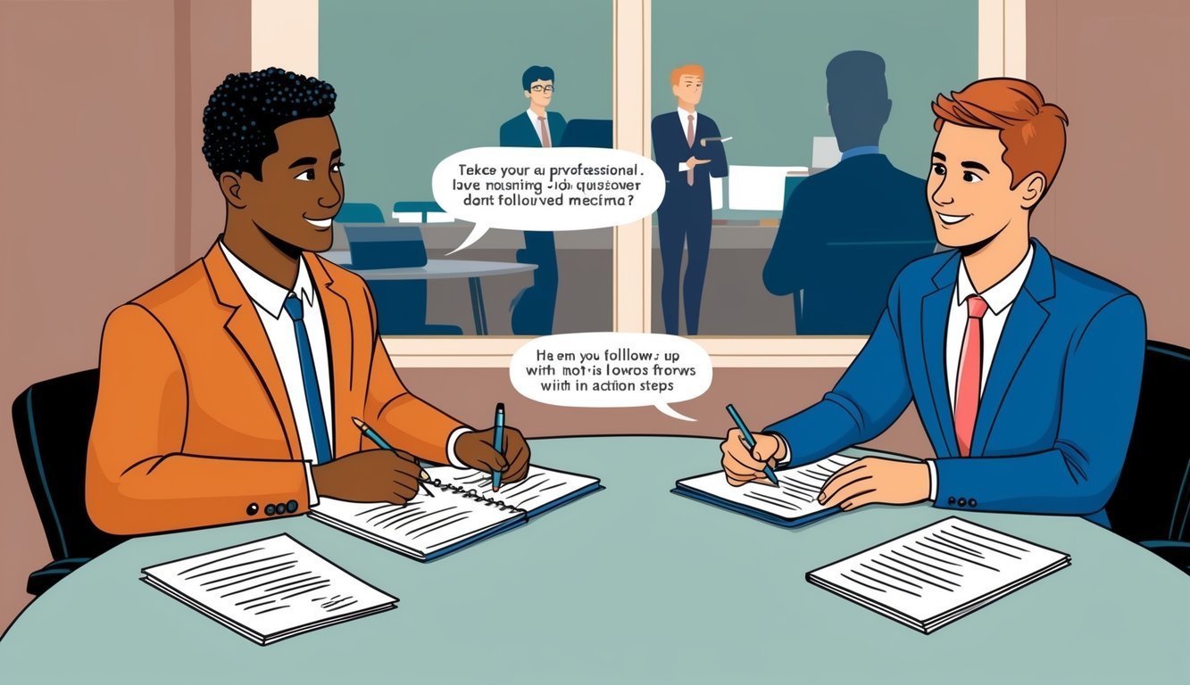 Two businessmen in suits writing at a table, speech bubbles above