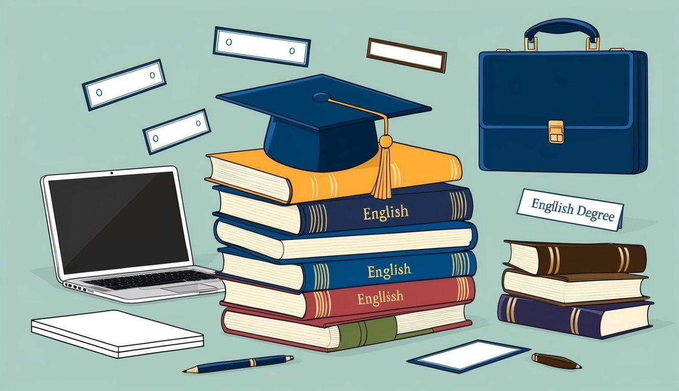 A stack of books with an English degree on top, surrounded by various job-related objects like a laptop, a briefcase, and a nameplate