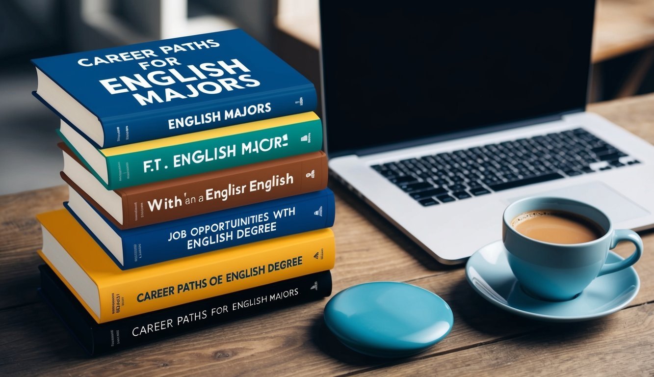 A stack of books with titles like "Career Paths for English Majors" and "Job Opportunities with an English Degree" sits beside a laptop and a cup of coffee