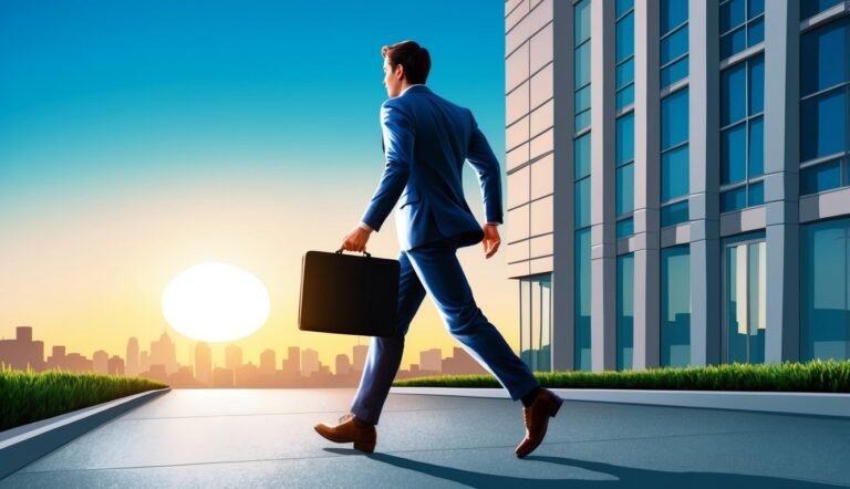Businessman in blue suit walking with briefcase towards city skyline
