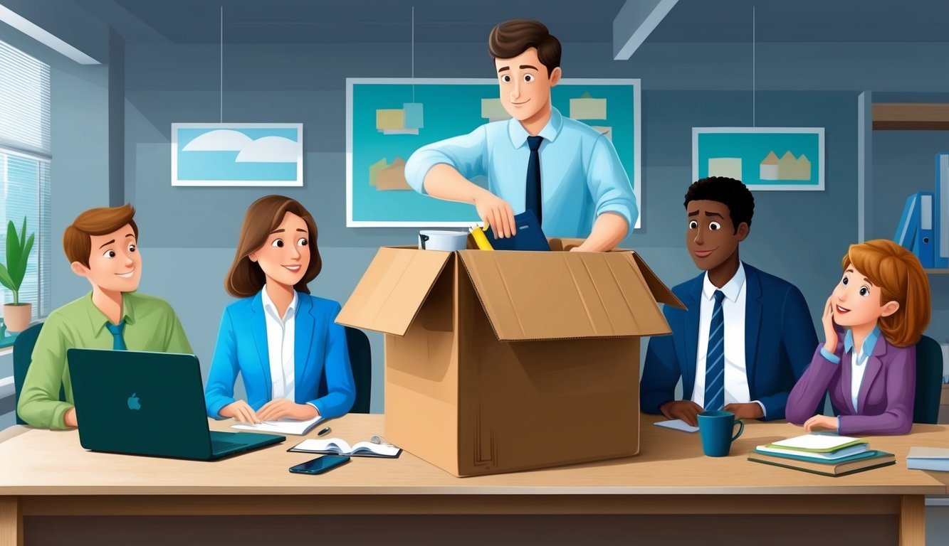 A person packing up a desk with a few personal items in a cardboard box, while colleagues look on with curiosity and concern