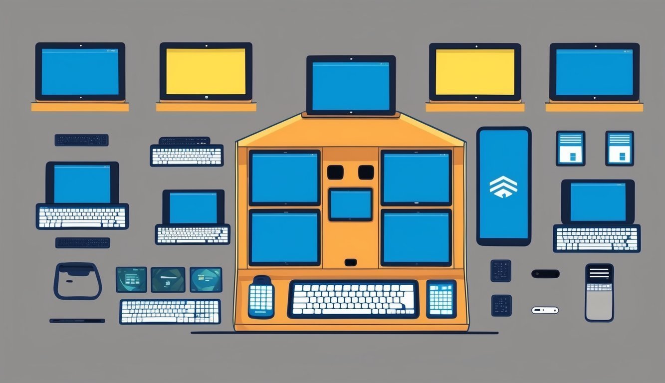 Illustration of various electronic devices, including laptops, phones, and keyboards