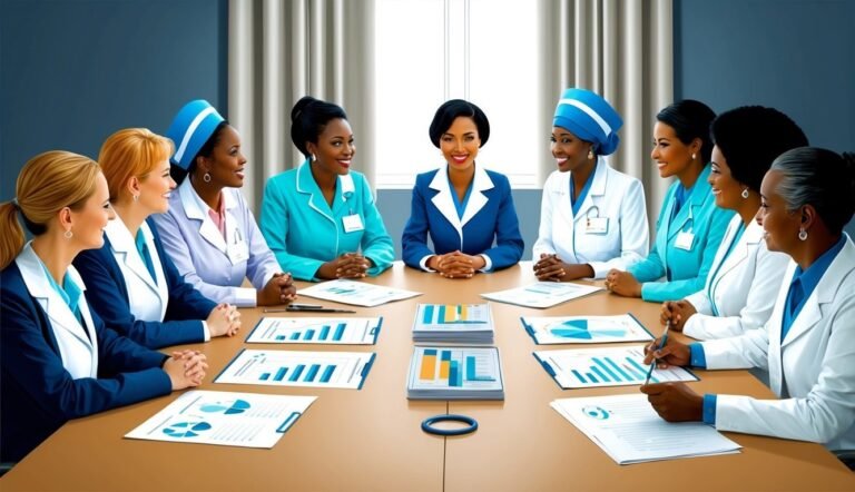 Group of women in business attire at a conference table with charts