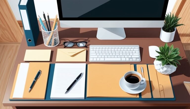 Desk with computer, coffee, pens, plants, and office supplies