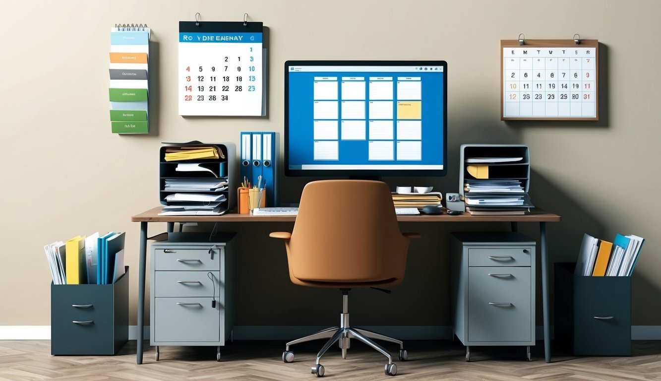 Office desk with computer, calendars, and office supplies